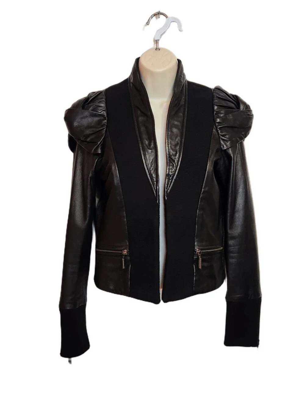 Afflication Leather Ribbed Knit Open Front Twist Puff Sleeve Moto Jacket Black M - Picture 1 of 10